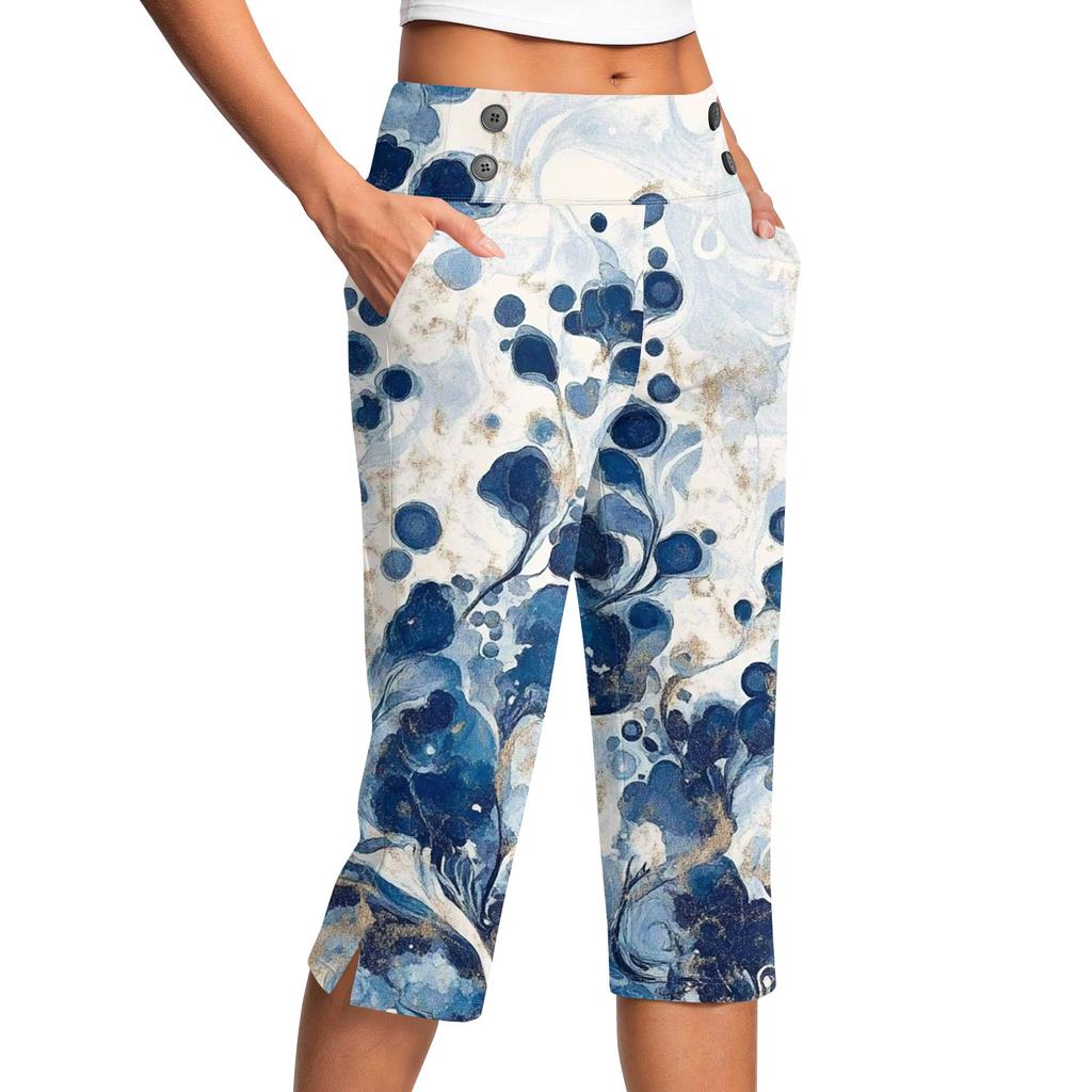 Damen Vintage Floral Print Knopf Tasche Hose Schlitz Hohe Taille Sport Yoga Freizeit Hose