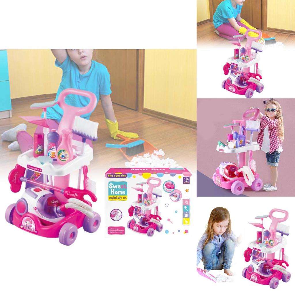 Interactive Kids Play Vacuum Set Plastic Cleaning Tool Cart With Ice Cream Cash Register