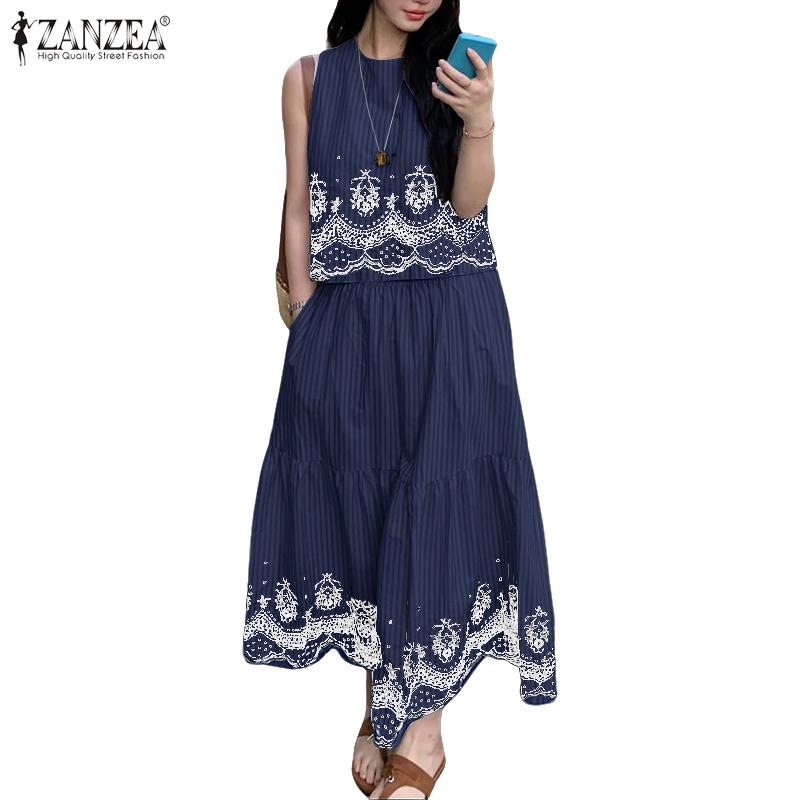 

ZANZEA Женские майки без рукавов и длинные юбки в полоску Летние костюмы-двойки 4XL тёмно-синий