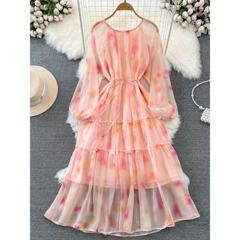 Gentle Long Sleeves Tie Dye Wide Hem Printed Dress