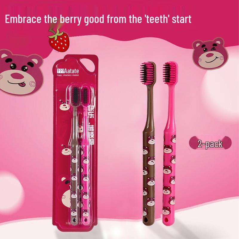 Strawberry Bear Soft Bristle Toothbrush - Cute Cartoon Handle, Adult & Student Gum Protection, Family Pack