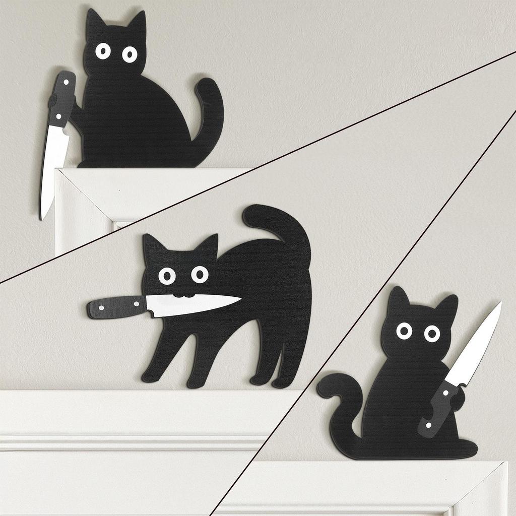3Pcs Spookmas Indoor Decoration Wear Resist Wooden Spooky Wall Decors Funny Knife Cat Craft Pendant For Home Room Entryway Shelf