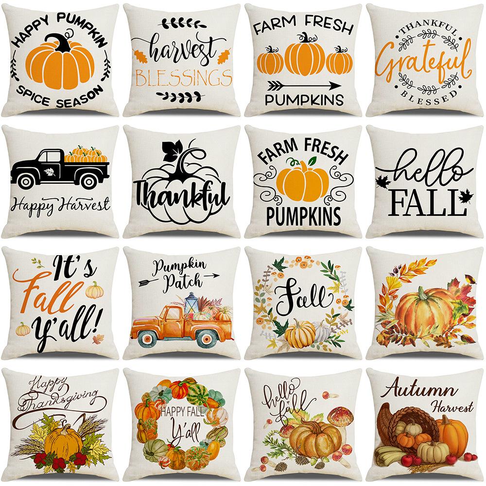 Simple Autumn Pillow Peach Velvet Linen Printed Pumpkin Harvest Pillow Cover Home Cushion Cover