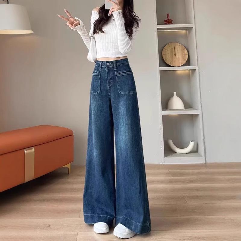 Women's High-Waisted Dark Blue Wide-Leg Jeans for Spring-Summer 2025