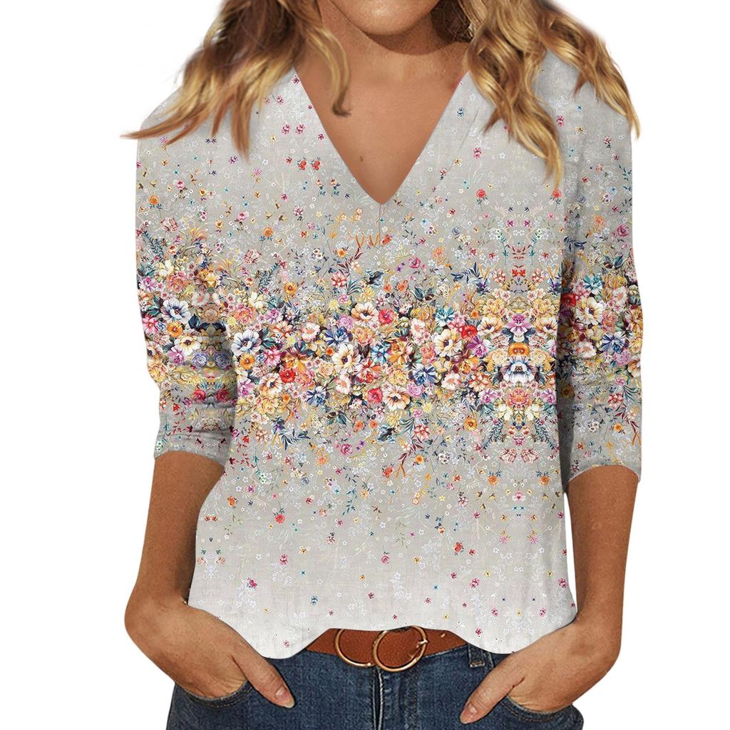 Women'S Casual And Fashionable Flower Printing V-Neck Top With Seven Quarter Sleeves Women'S Summer Clothes Top Mujer