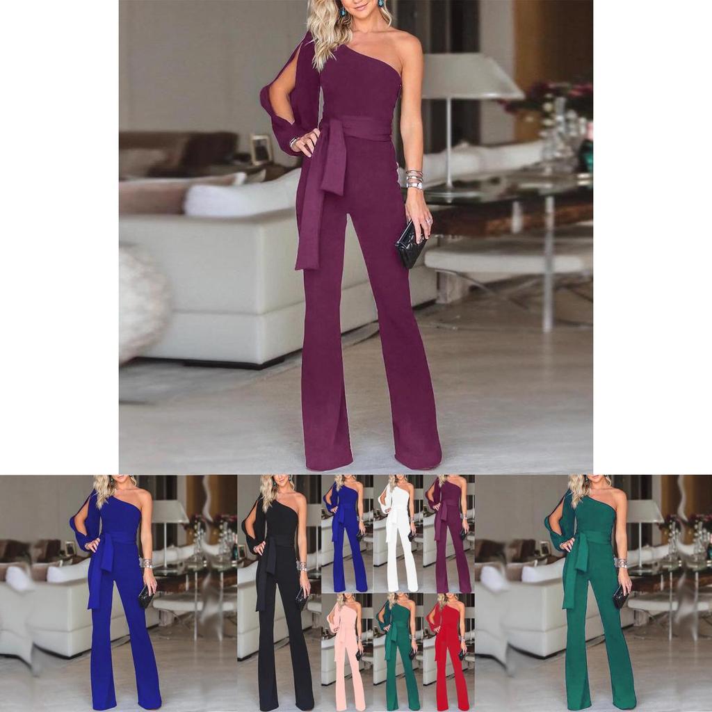 Elegant Women Tied Waist Flared Jumpsuits Fashion One Shoulder Sexy Rompers For Effortless Style