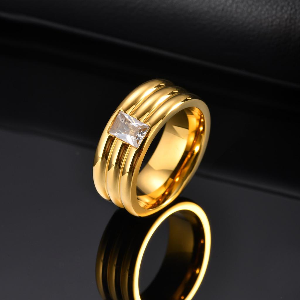 Three-layer Rectangular White Zircon Ring for Women Men,Gold Color Stainless Steel Wedding Band Rings,Love Promise Jewelry Gifts