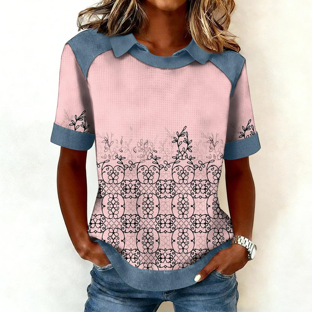 Women's Fashion Collar Cowboy Splicing Sweatshirt Casual Printed Hoodie Short Sleeve Shirt Top