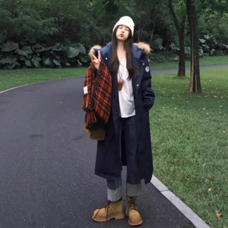 Long over-knee big fur collar pie overcomes women's winter new loose thickened down cotton-padded tooling jacket