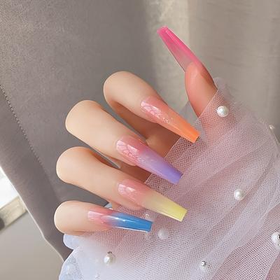24 Pcs Rainbow Gradient Coffin Long Press On Nails - Glossy Acrylic Ballerina False Nails for Women and Girls