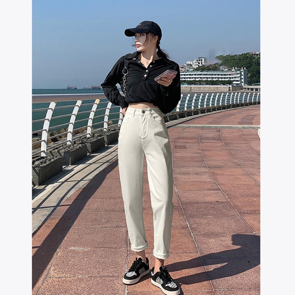 

Джинсы с высокой посадкой для通勤, женские, осенне-зимние, новая корейская версия, свободные, повседневные, универсальные брюки Харлан, папины джинсы, инс-тренд 2XL белый