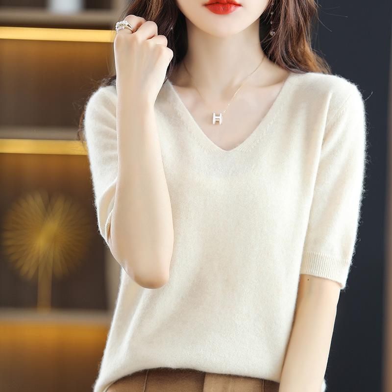 Spring Summer Women Sweater Tshirts V-neck Short Sleeve Top Fashion Pullovers Solid Bottoming Shirt Jumper