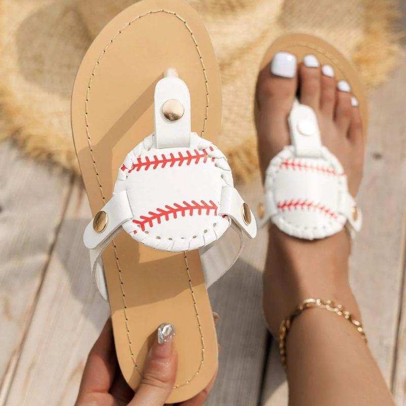 Fishbone Print Summer Football Baseball Softball Toe Flat Bottom Cool Slippers Women's Buckle with Beach Flip-flops