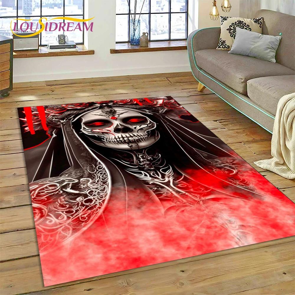 Skull Dead Girl 3D Gothic Horror Female Rose Rug Carpet for Living Room Bedroom Decor,Non-slip Decoration for Sofa Doormat Gift