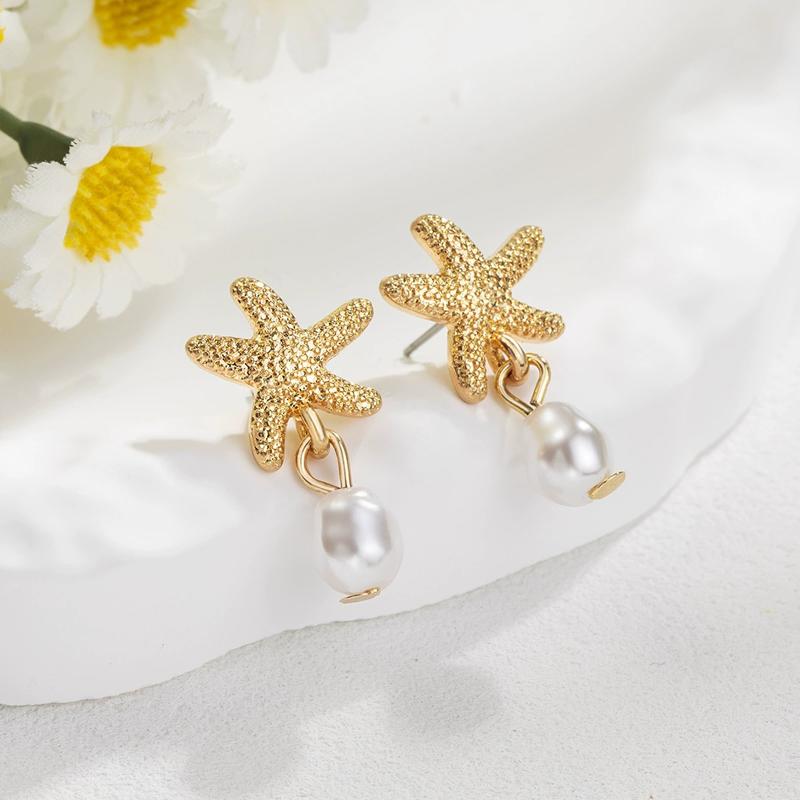 Boho Starfish Pearl Drop Earrings for Women Exquisite Retro Dangle Earrings Summer Seaside Vacation Style Versatile Jewelry Gift