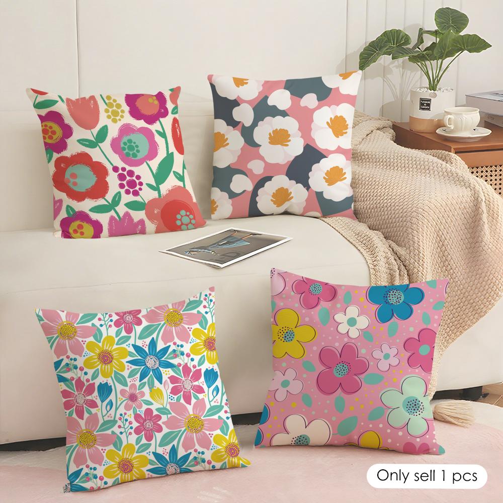 Colorful Flowers Cushion Cover Soft Short Plush Pillow Cover Smooth Cozy Texture Aesthetic Cushion Case Home Decor