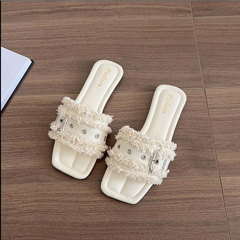 

2025Sweet Holiday Plush Edge Slippers Fashion Non-Slip Flat Sole Sandals Comfortable Soft Vacation Shoes Outdoor 35 бежевый