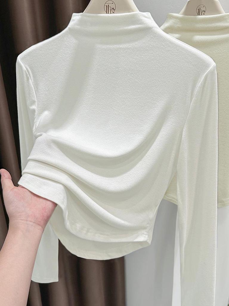 Women's Slim-Fit Gray Thermal Long-Sleeve T-Shirt with Half-High Neck for Autumn/Winter