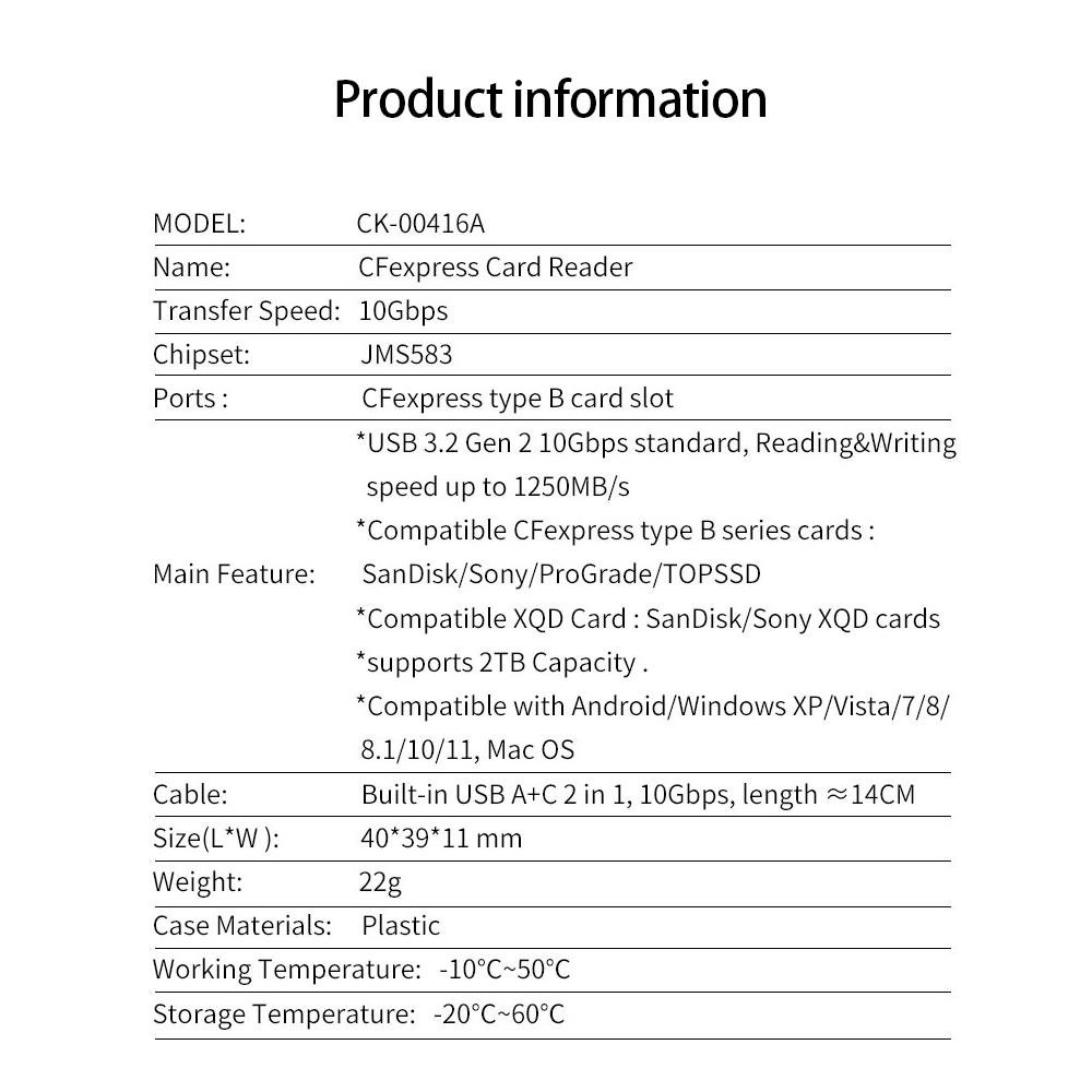 10Gbps CFexpress Type B Card Reader 10Gbps USB3.2 Gen2 Adapter Portable Type A-C CF Express B Card Reader for Windows XP MAC OS