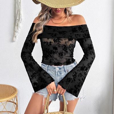 Damen Stricknetz Beflockter Blumendruck Trägerlos Ausgestellte Ärmel Slim T-Shirt Tops Damen Vielseitige Kleiderschrank-Essentials Modeartikel Hemd