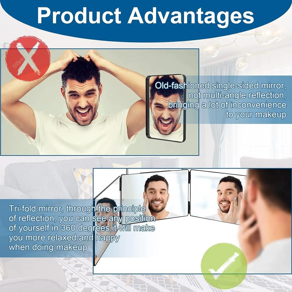 Trifold Shaving Mirror with Height Adjustable Telescoping Hooks for Self Hair Cutting Makeup Essential Fordable Portable Black