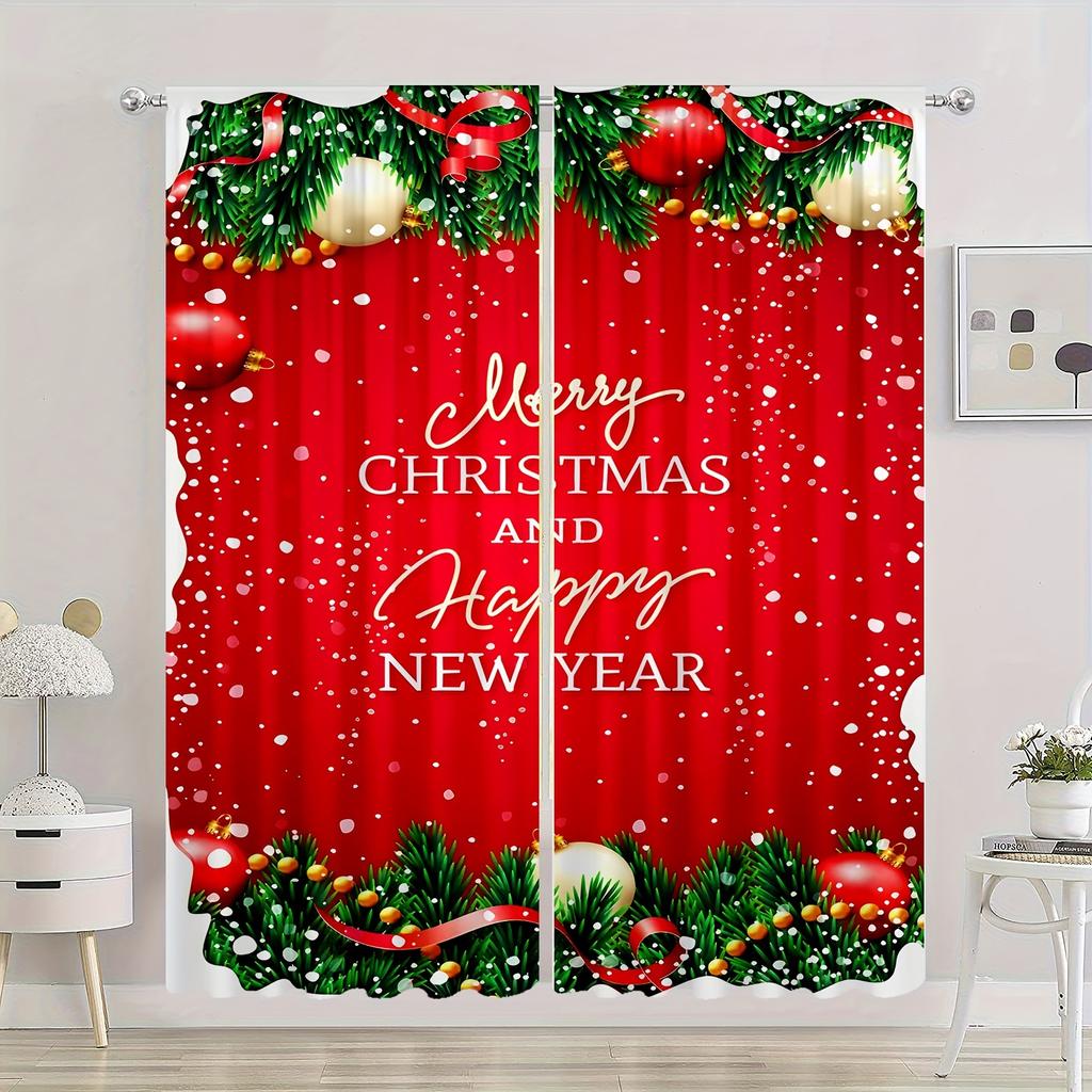 Weihnachts-Schneeflocken-Vorhänge Roter Text HD Digitaldruck Schlafzimmer Arbeitszimmer Wohnzimmer Fensterdekoration Vorhang-Set aus 2 Stück Hergestellt aus Polyester mit Stangentasche Waschbar