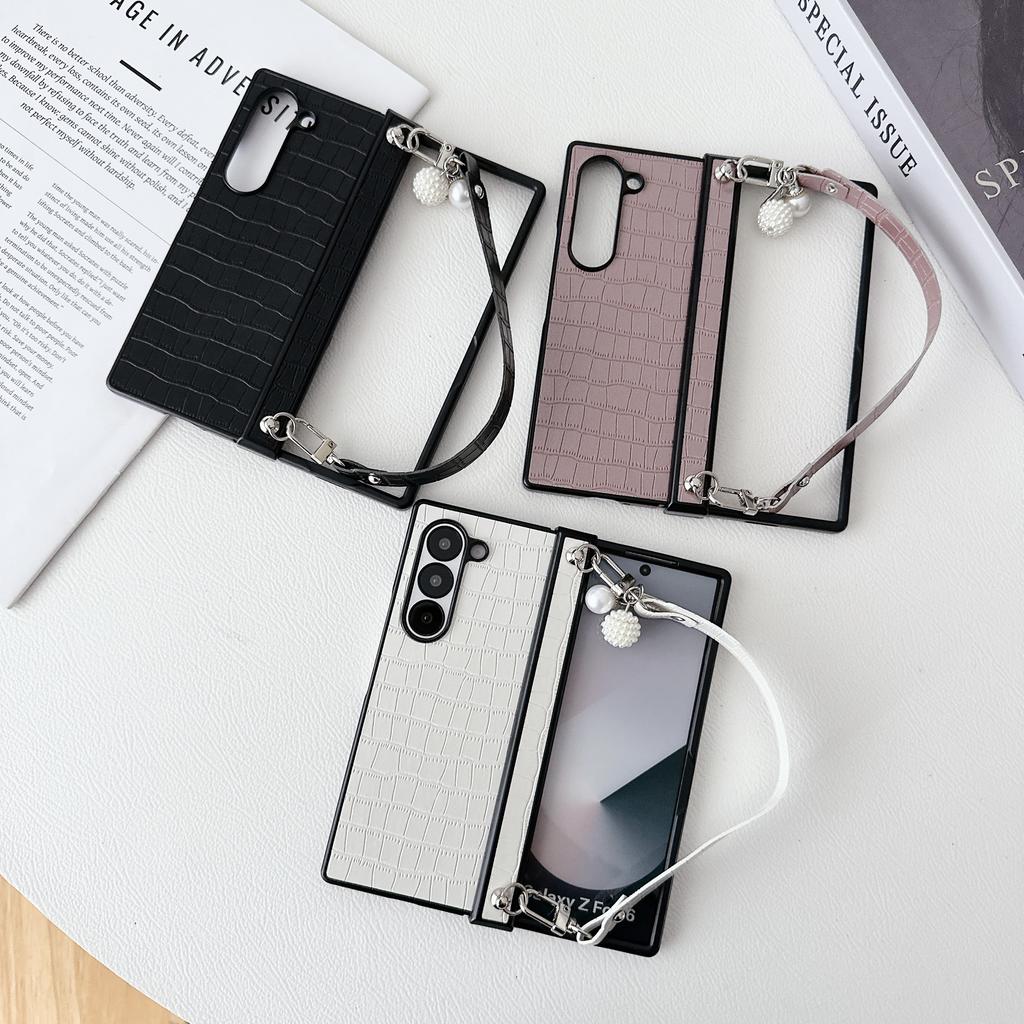 Wrist Strap Alligator Pattern PU Leather Phone Case for Samsung Galaxy Z Fold 6 5 4 3 5G Protection Shockproof Cover