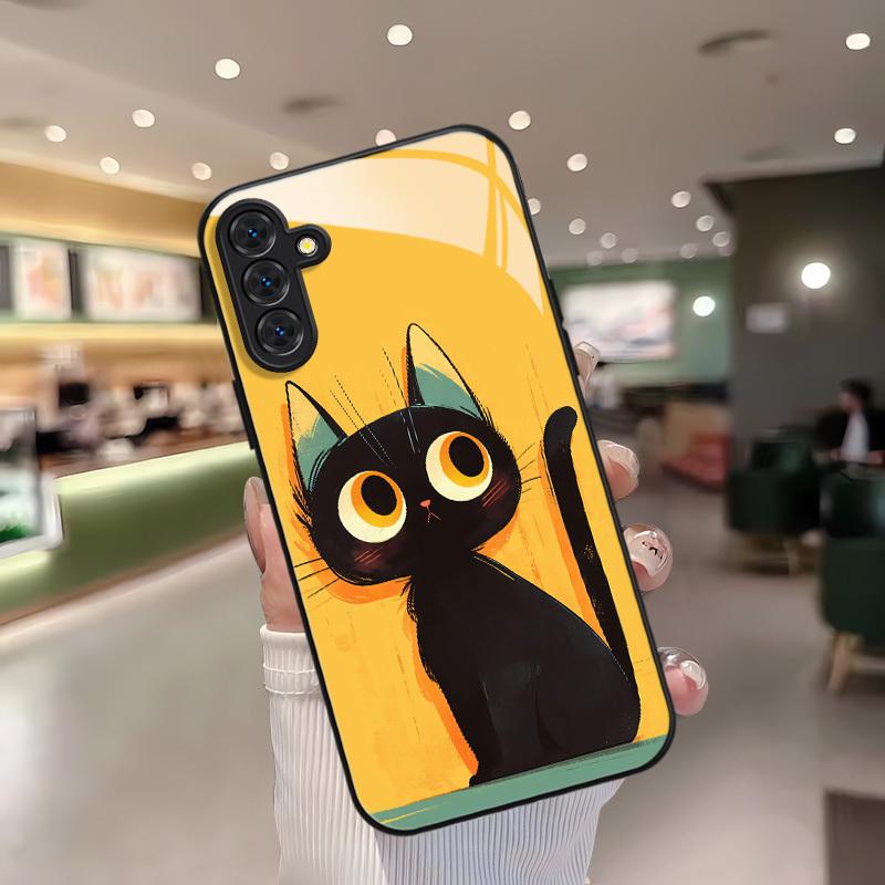 Süße schwarze Katze gehärtetes Glas Handyhülle geeignet für Samsung Galaxy S26 S25 S24 S22 S21 S20 FE/Ultra/Plus stoßfeste Rückabdeckung