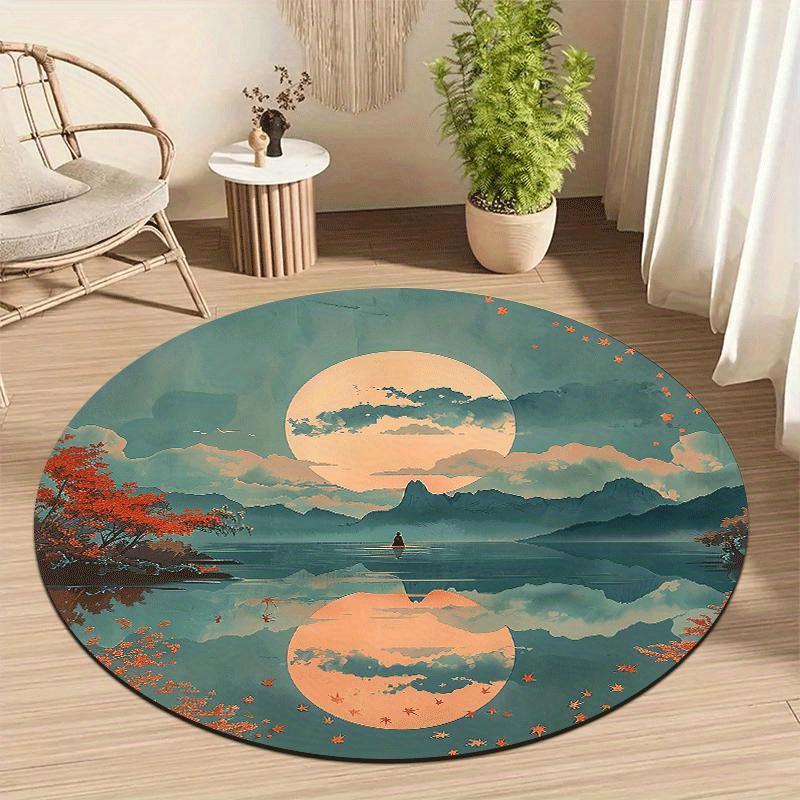 Serene landscape pattern Flannel-printed round floor mats are slip-resistant Suitable living room bedroom terrace garden carpets