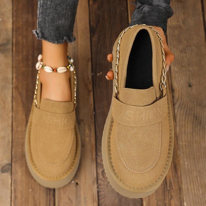 Fashion Spring New Flat Shoes Women's Fashion Round Head Deep Mouth Suede Metal Chain Thick Sole Non-slip Single Shoes