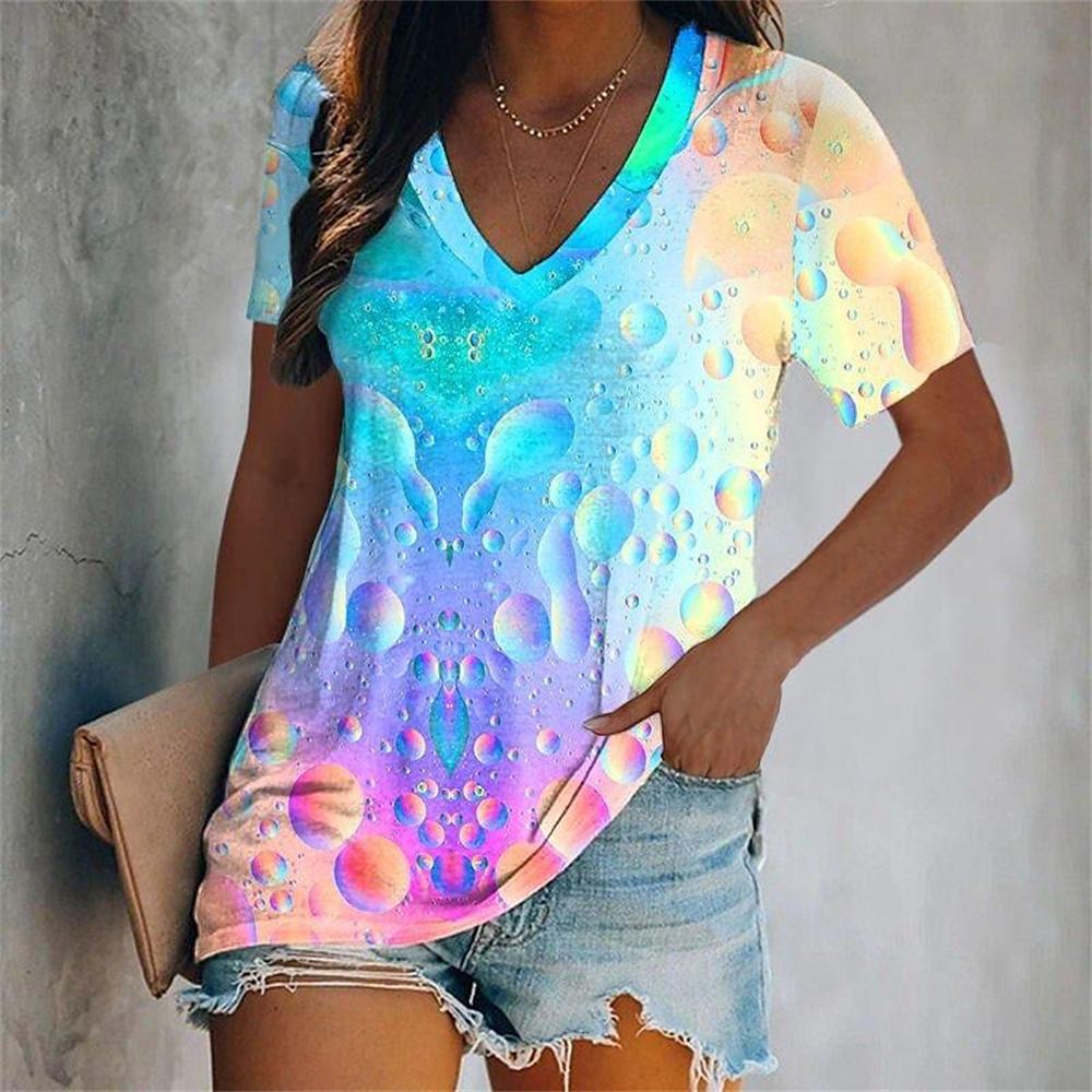 Fashion V-Neck Short Sleeve Colorful Tassels Print T-Shirts Summer Casual Elegant Women's Large Size T-Shirts