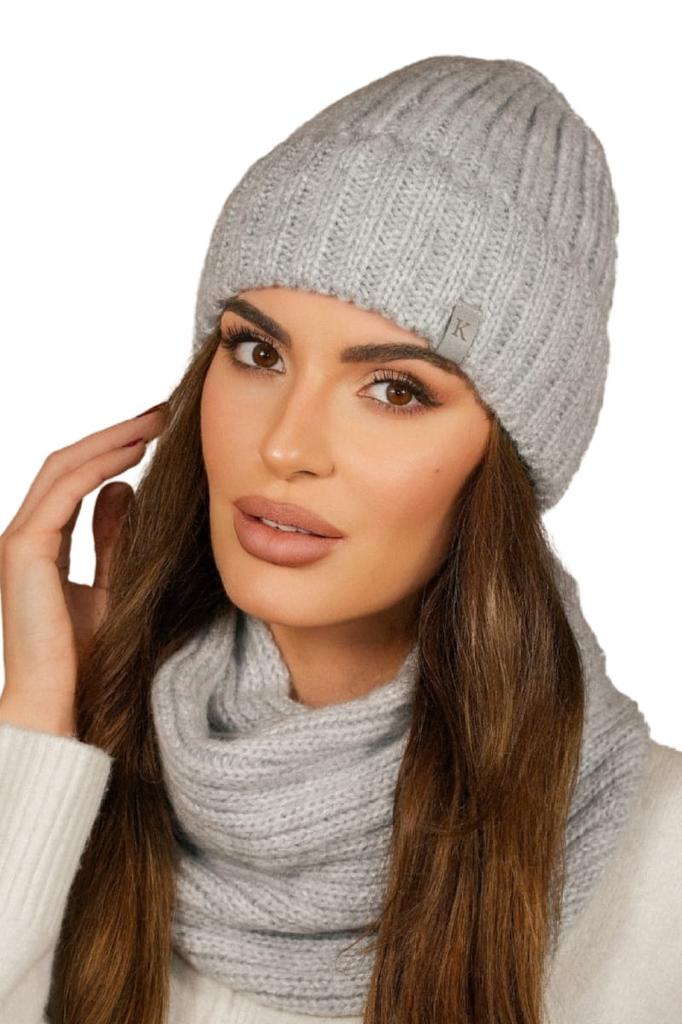 Set of the Seven Winter Hat with Snood, Gray Color