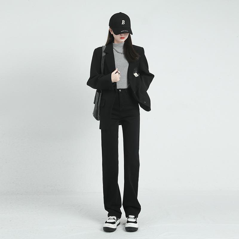 Women's Black High-Waist Wide-Leg Jeans, Spring 2024 - Loose, Slim Fit, Casual Straight-Leg Style