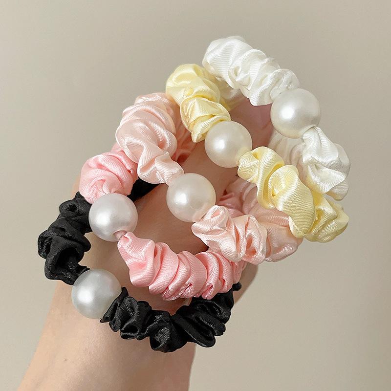 Small Intestine Hair Band Satin Fabric Pearl Headband Daily Hair Rope Tie Hair Rubber Band