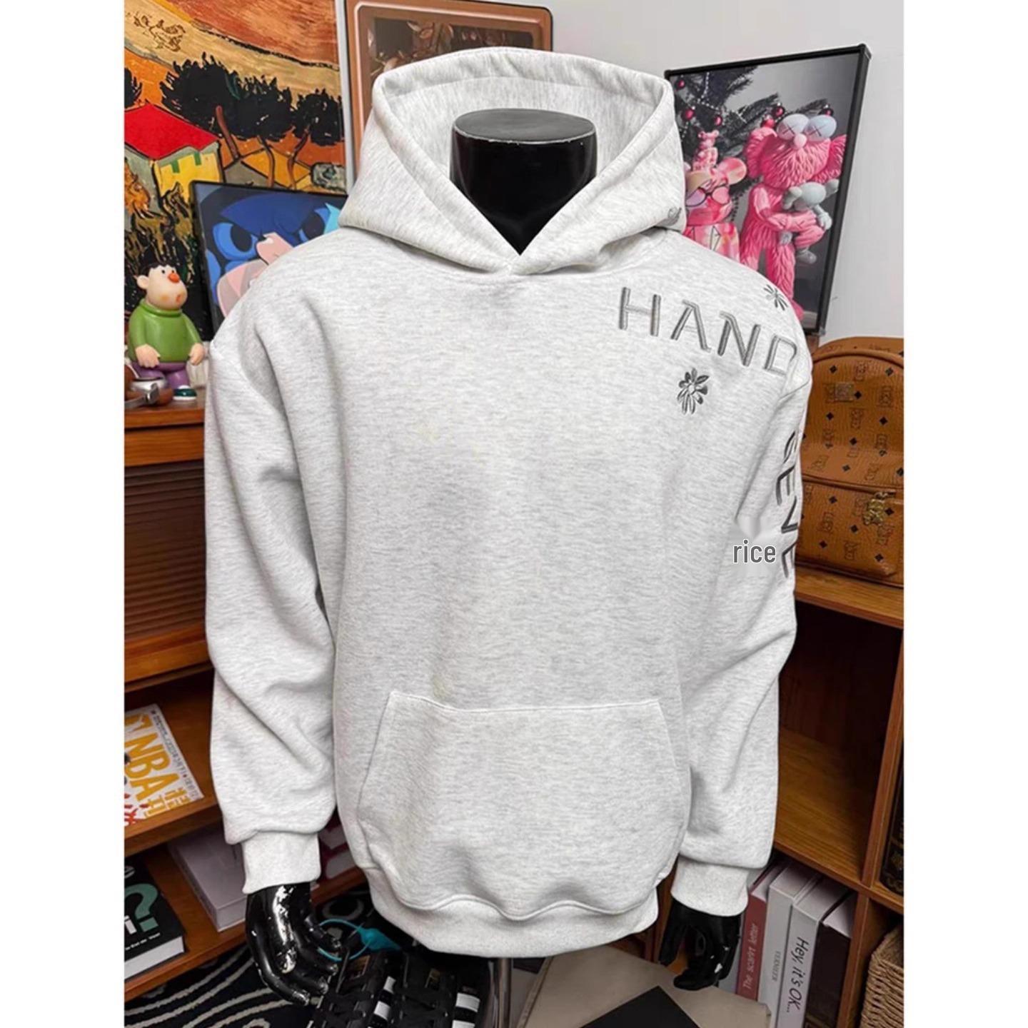 450g Unisex Heavyweight Embroidered Letter Hoodie for Autumn/Winter - American High Street Couple Style Double Extra Large