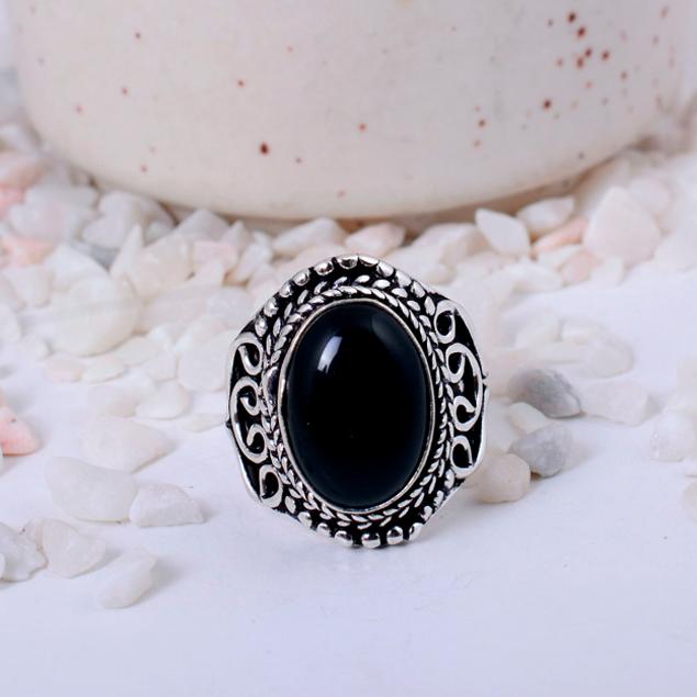Black Onyx Antique Silver Plated Statement Ring | Boho Filigree Brass Jewelry | Oval Protection Stone Ring