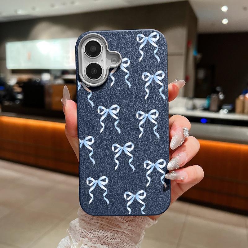 Bowknot Pattern TPU Leather Texture Case For iPhone 16 15 Pro Max 14 Pro 13 12 11 Slim Matte Shockproof Soft Phone Cover