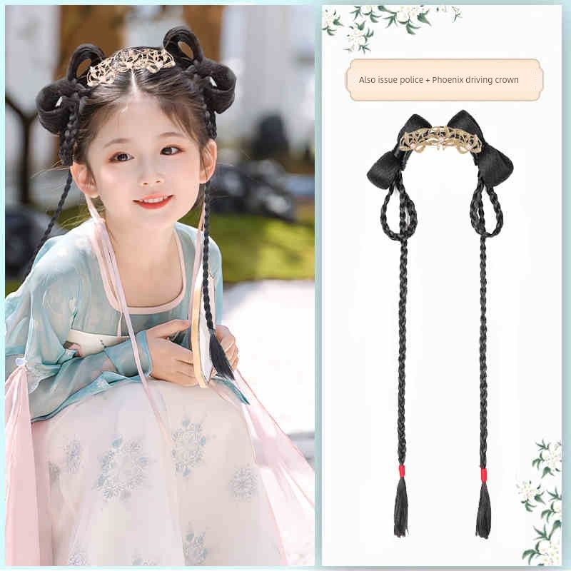 Children's Han Chinese Costume Chignon Updo Ancient Costume One-Piece Headband Chinese Ancient Style Wig Girl Hair Styling Bun Headdress