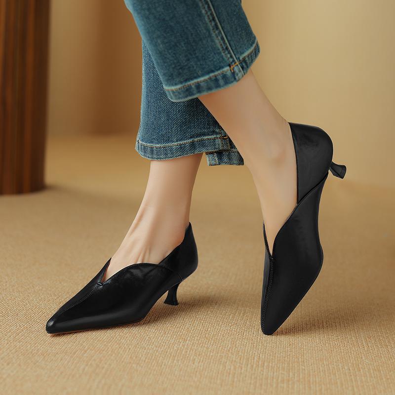 Fashion 2024 Spring New Split Leather Women Shoes LEISURE Women Slip-On Pumps High Heels Pointed Toe Heels Shoes Office Ladies Shoes
