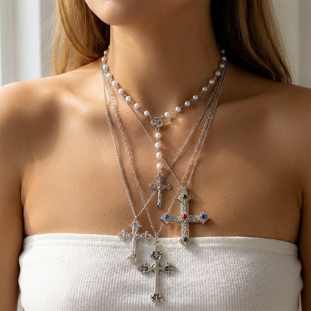Collier Pendentif Croix Pour Femmes Avec Design Géométrique en Alliage Et Ornements Inspirés de la Nacre Pour un Style Mode Décontracté