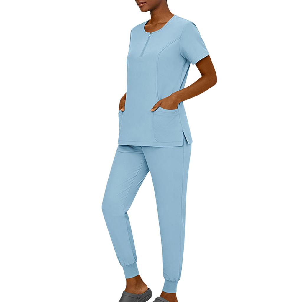 Women's Short Sleeved Color Round Neck Pocket Top Pants Work Clothes Two Piece Set