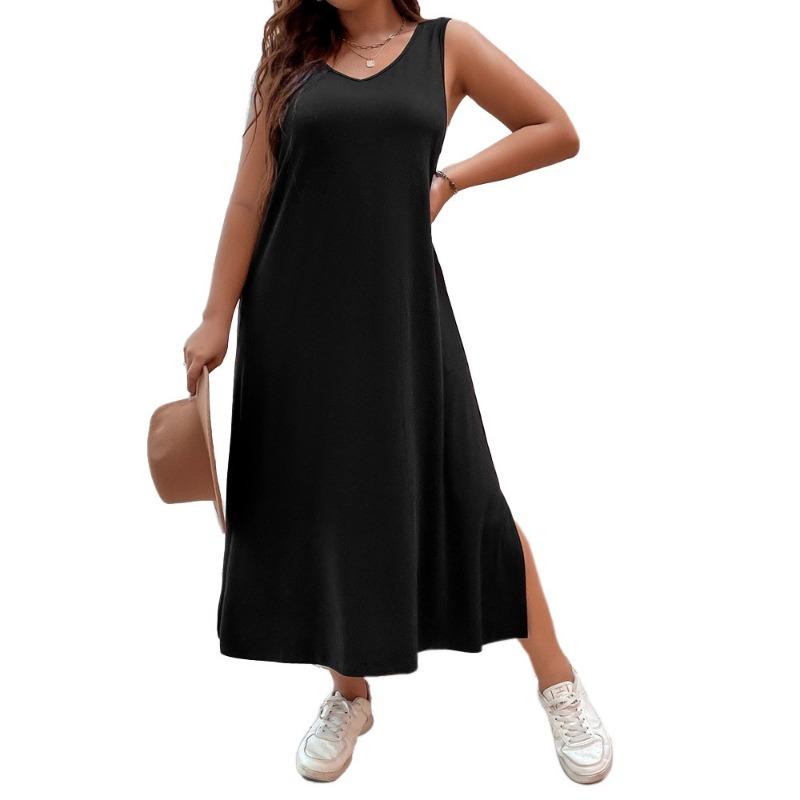 Summer Casual Sleeveless Side Split Dresses for Female Solid Color Dress Women's Square Neck Dress High Waist Black Dress Commuter Fashion Dress