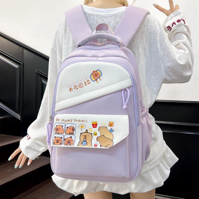 Capybara Cartoon Pattern Nylon Backpack With Striped Stitching For Travel School