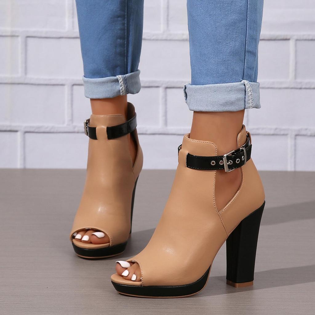 Women's Open Peep Toe Booties Cutout Side Strap Buckle Chunky Block Heel Fashion Short Boots Dressy Sandals