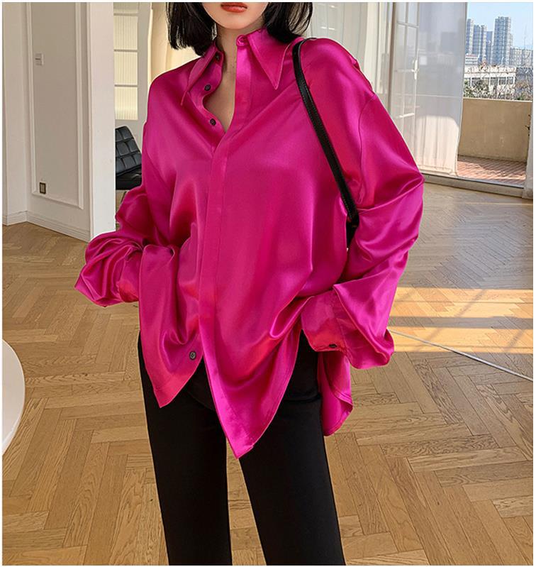 

Шикарная рубашка из европейского сатина цвета розовой розы - Повседневный, Молодящий уличный стиль Small розы красного