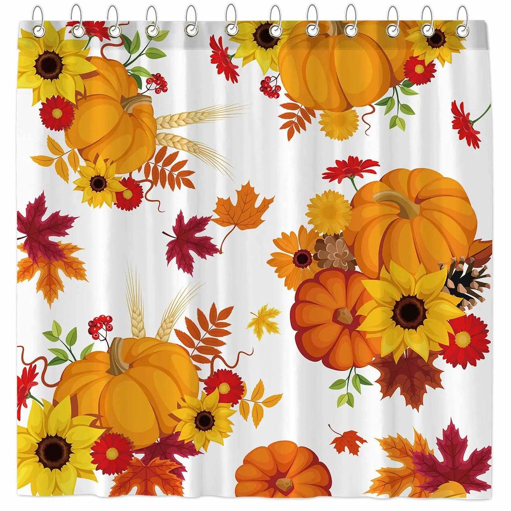Autumn Fall Shower Curtains Brown with Thanksgiving Harvest Pumpkin Bathroom Curtain for Halloween Party Home Decor with Hooks