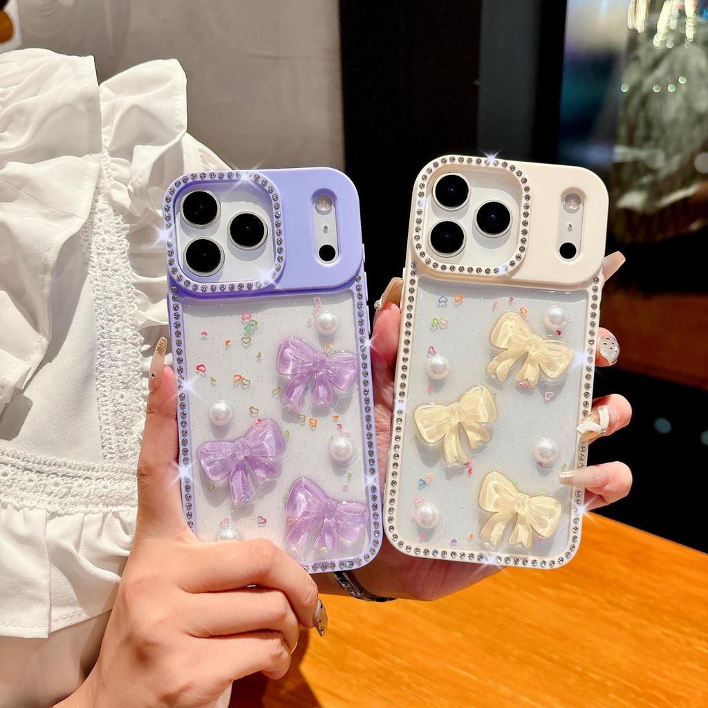 Capa de Celular Epoxy com Glitter da Apple com Laço para Modelos de iPhone 15, 16 Pro Max e 17 Air