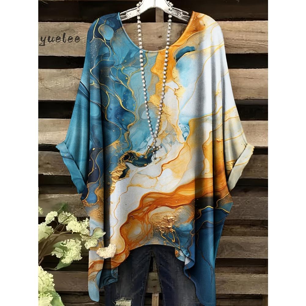 Tessuto Estivo Imitazione Denim Stampa Tie-Dye Orlo Irregolare Girocollo Manica Corta da Donna Abbigliamento Casual da Esterno da Donna