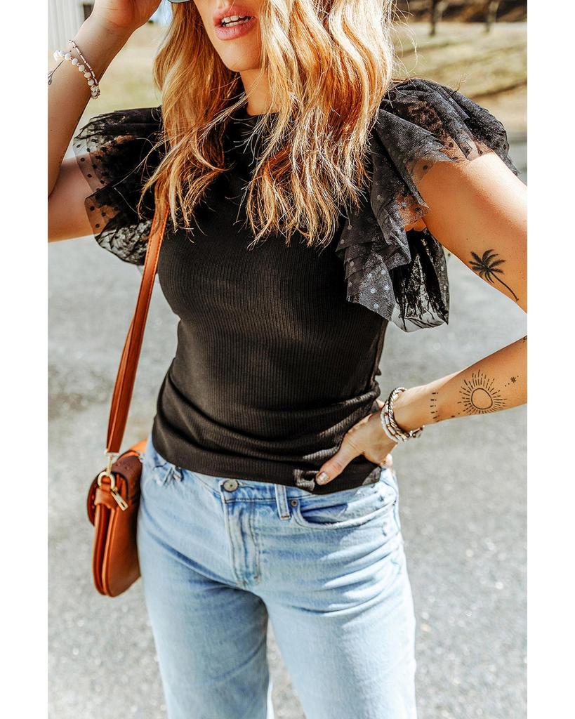 Azura Exchange Top z žebrovaného úpletu s volánovými síťovanými rukávy