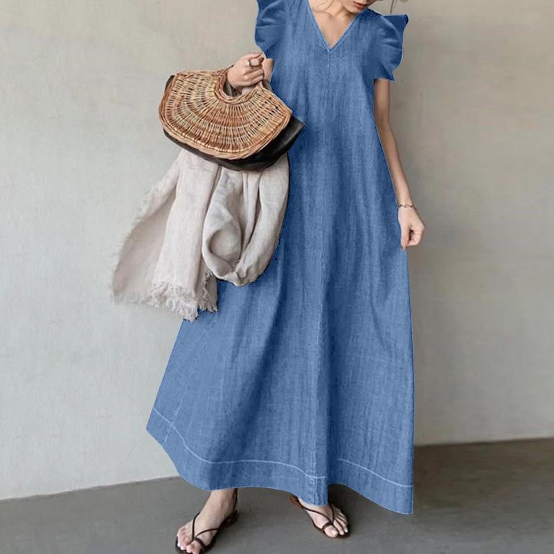 2026 V-neck Bohemian Plus Size Loose Denim Dress S небесно-голубой